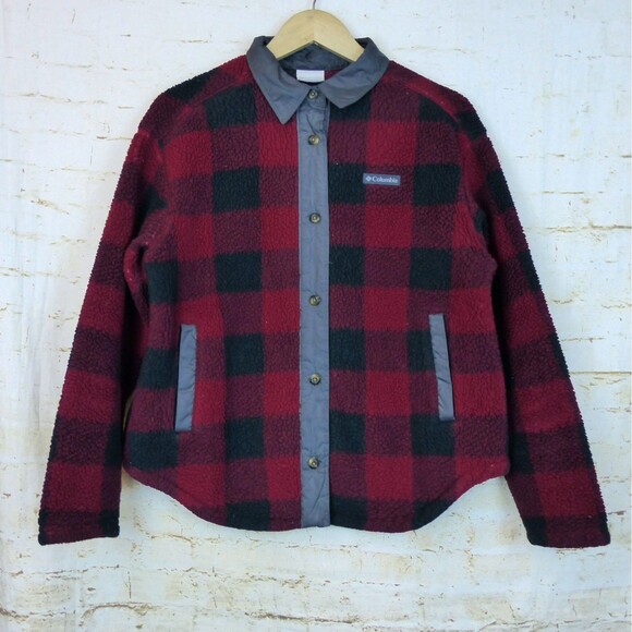 Columbia Shirt Jacket Women M Red Buffalo Plaid Checks South End Sherpa Shacket - Picture 1 of 11